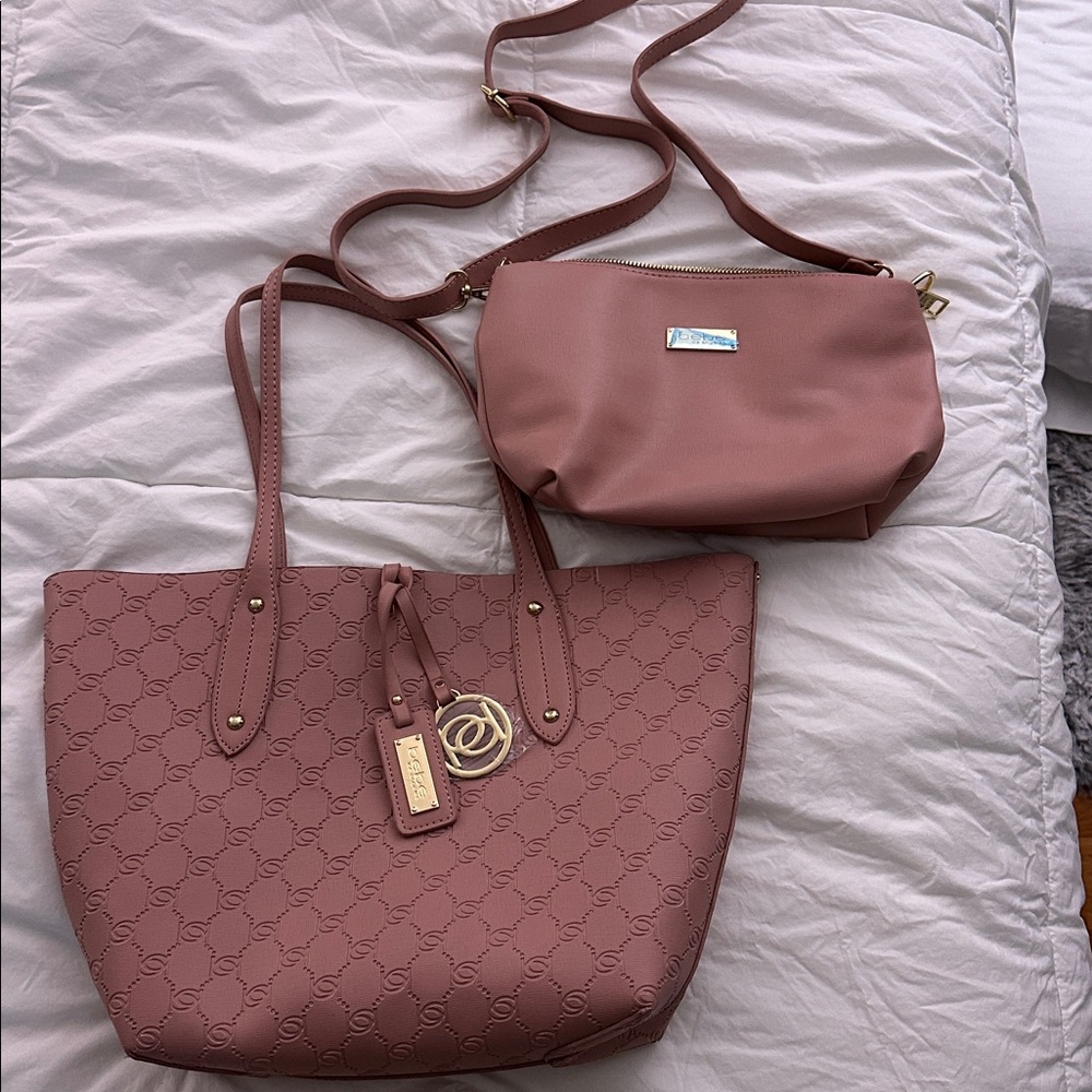 Bebe Embossed Mauve Tote and Crossbody Set